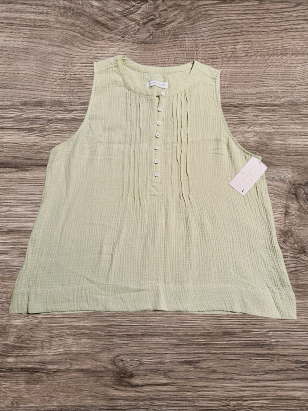 Neutral Ground Sage Green Cotton Gauze Pintuck Tank